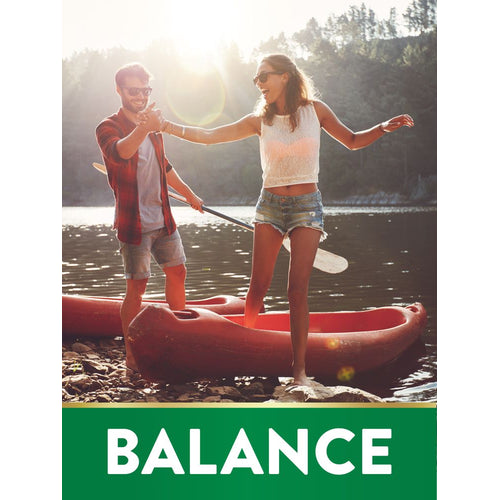 Young man helps woman balance in red canoe on lake shore. Green bar with 'BALANCE' text.