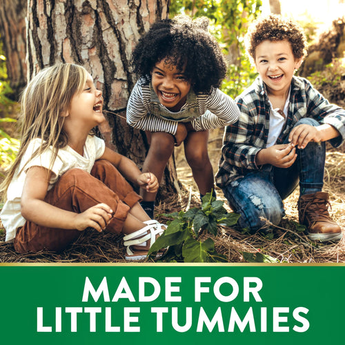 Three young children laugh and play outdoors. Text reads: MADE FOR LITTLE TUMMIES.
