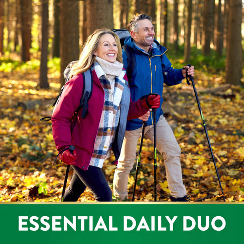 Middle-aged couple hiking in fall forest with trekking poles. Graphic text: ESSENTIAL DAILY DUO.