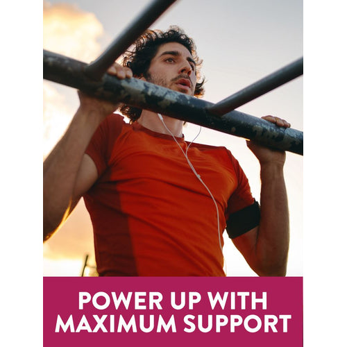 A man in his 20s or 30s performs a pull-up on an outdoor bar against a sunset sky. Graphic text: 'POWER UP WITH MAXIMUM SUPPORT'.