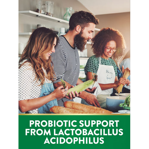 Three young adults, two women and one man, cooking in a kitchen with a banner stating 'PROBIOTIC SUPPORT FROM LACTOBACILLUS ACIDOPHILUS'.