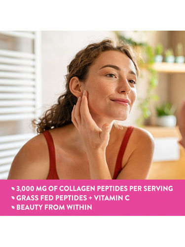 Graphic showing 3,000 MG collagen peptides per serving, grass-fed peptides plus vitamin C. Beauty from within.