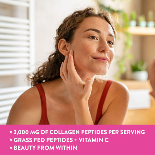 Graphic showing 3,000 MG collagen peptides per serving, grass-fed peptides plus vitamin C. Beauty from within.