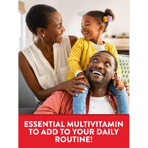Smiling parents and young daughter laughing, daughter on father's shoulders. Text: 'ESSENTIAL MULTIVITAMIN TO ADD TO YOUR DAILY ROUTINE!'.