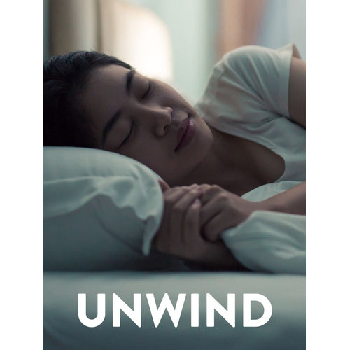 Young adult woman sleeping peacefully in bed with 'UNWIND' text at the bottom, promoting Melatonin.