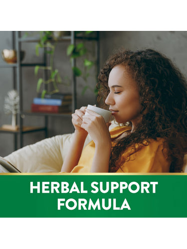 Young woman relaxing with a cup. Graphic text reads 'HERBAL SUPPORT FORMULA'.