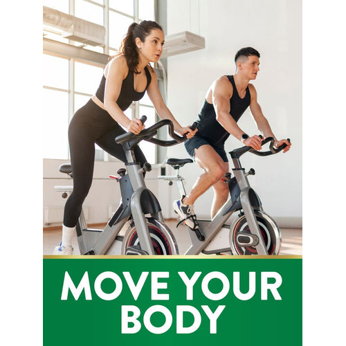 Young adults on stationary bikes with 'MOVE YOUR BODY' graphic text, emphasizing exercise and fitness.