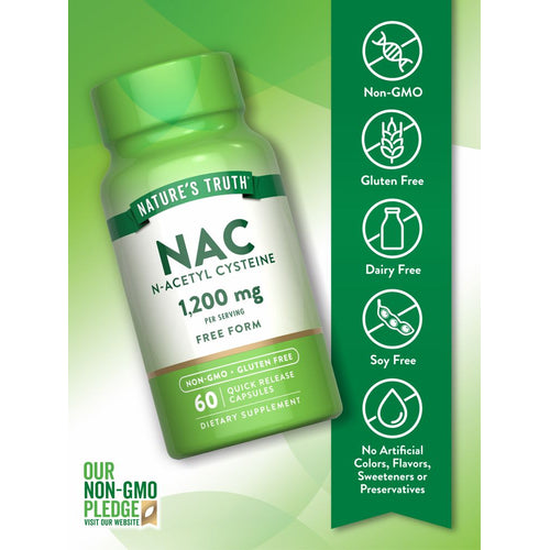 NAC bottle: Non-GMO, Gluten Free, Dairy Free, Soy Free, with no artificial colors, flavors, sweeteners, or preservatives.