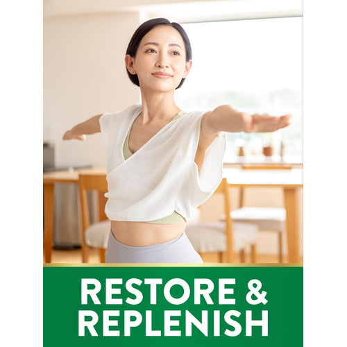 A woman practices yoga in a warrior pose, next to bold text stating 'RESTORE & REPLENISH'.