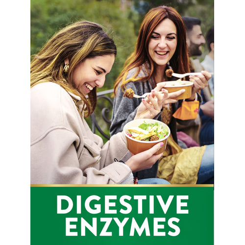 Three friends laughing and eating outdoors with a green banner at the bottom reading 'DIGESTIVE ENZYMES'.