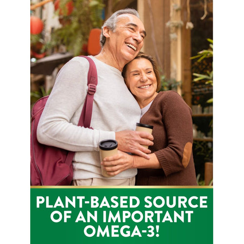 Older man and woman laughing and embracing outdoors, holding travel mugs. Text: PLANT-BASED SOURCE OF AN IMPORTANT OMEGA-3!