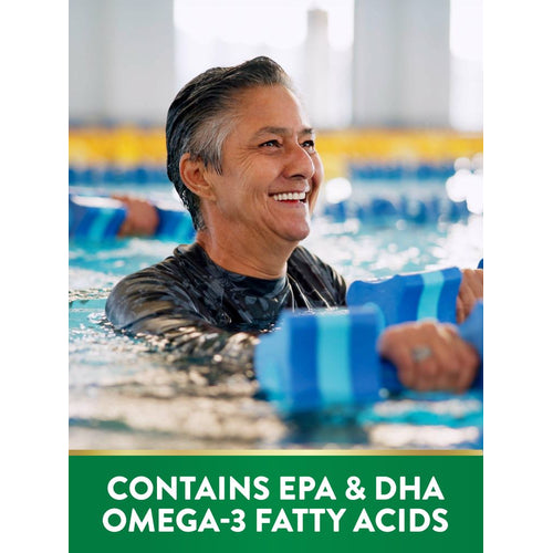 Adult smiling, doing aquatic exercise in a pool with blue dumbbells. Bottom banner text: CONTAINS EPA & DHA OMEGA-3 FATTY ACIDS.