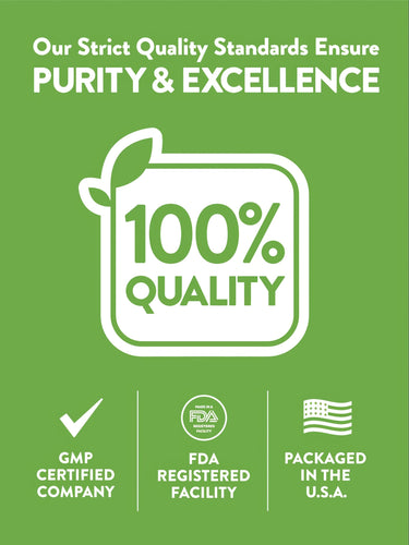 Infographic stating 100% Quality, GMP Certified Company, FDA Registered Facility, and Packaged in the U.S.A.