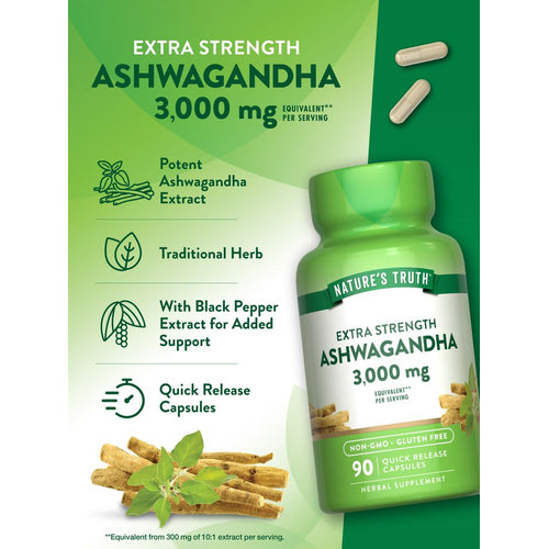 Two beige capsules of 3,000 mg Ashwagandha, equivalent for quick release.