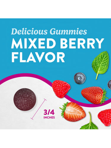 Round gummy with mixed berry flavor, measuring 3/4 inches on a hand scale.