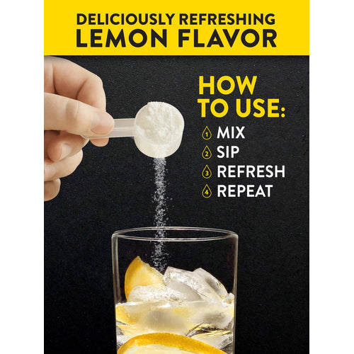 A hand pours white lemon flavored NT Electrolyte Hydration Powder into a glass with ice and lemon.