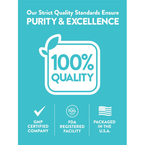 Infographic: Purity & Excellence standards, 100% Quality, GMP Certified Company, FDA Registered Facility, Packaged in the U.S.A.