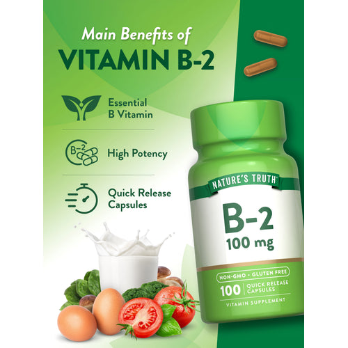 Product highlights graphic stating Essential B Vitamin, High Potency, Quick Release Capsules with added benefits.