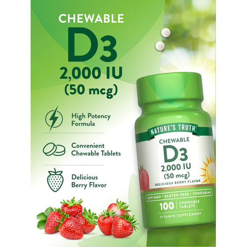 Chewable tablets of Vitamin D3, 2,000 IU (50 mcg), shown in a bulk setting for easy storage and use.