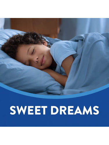 Young boy sleeping soundly in a bed with blue sheets. Graphic text at bottom reads 'SWEET DREAMS'.