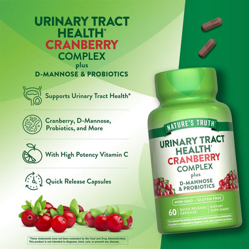 Brown Quick Release Capsules for Nature's Truth Urinary Tract Complex, shown as 60-count bottle in hand for scale.