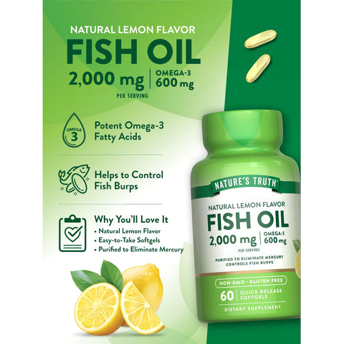 Two yellow Fish Oil softgels, each providing 2,000 mg with 600 mg Omega-3 per serving, shown on a hand scale.