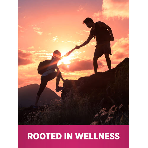 A man helps a woman climb rocky terrain at sunset with the words 'ROOTED IN WELLNESS' displayed.