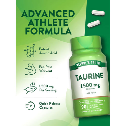 Two white Taurine 1500 mg capsules resting on a surface, emphasizing dosage and supplement form in the image.