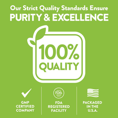 Infographic stating PURITY & EXCELLENCE, 100% QUALITY, GMP CERTIFIED COMPANY, FDA REGISTERED FACILITY, PACKAGED IN THE U.S.A.