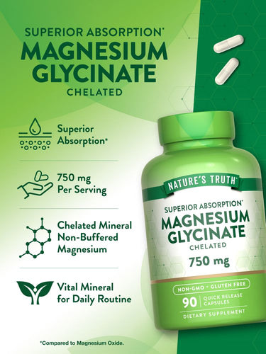 Two white Magnesium Glycinate 750 mg capsules on a bulk hand scale.