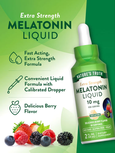 A hand holding a bottle of Melatonin Liquid 10 mg, 2 fl. oz. (59 mL).