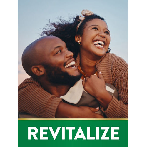 Adult man and woman laughing and hugging with 'REVITALIZE' text on a green background at the image bottom.
