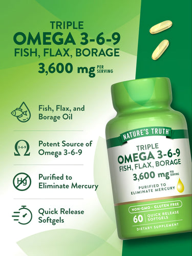 Two yellow Quick Release Softgels of Triple Omega 3-6-9: Fish, Flax, Borage oils, totaling 3,600 mg per serving.