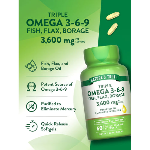 Two yellow Quick Release Softgels of Triple Omega 3-6-9: Fish, Flax, Borage oils, totaling 3,600 mg per serving.