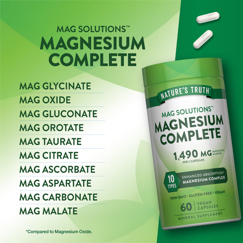 MAG SOLUTIONS MAGNESIUM COMPLETE provides 1,490 mg of magnesium from 10 sources per 2 capsules, in a 60 vegan capsule bottle.