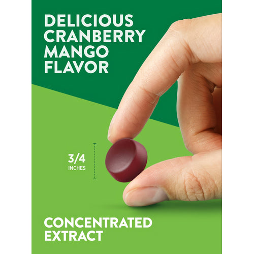 A 3/4 inch Cranberry Mango gummy with the text 'DELICIOUS CRANBERRY MANGO FLAVOR' and 'CONCENTRATED EXTRACT'.