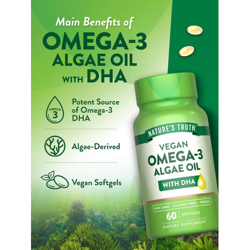 Image of a hand holding a bottle containing 60 vegan Omega-3 softgels.