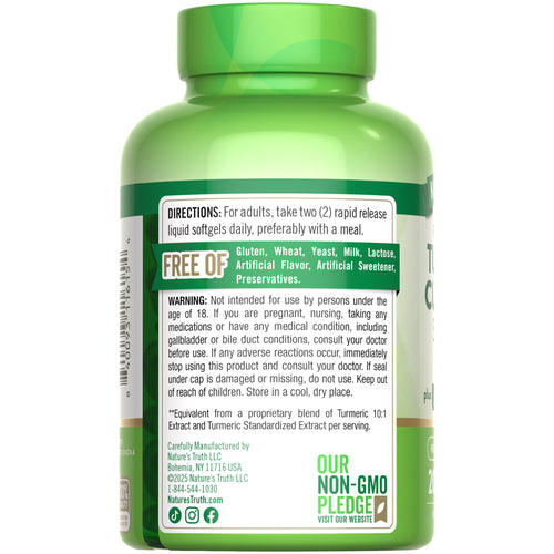 Turmeric Complex bottle with icons indicating Gluten/Wheat Free, Yeast Free, Milk/Lactose Free, No Artificial Flavors, Non-GMO.