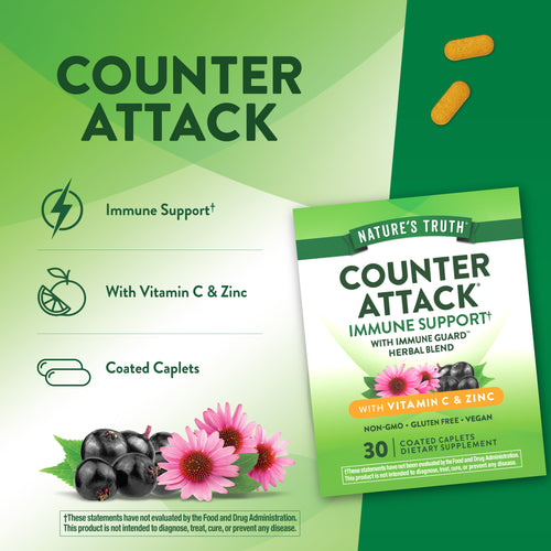 Nature's Truth Counter Attack 30 Coated Caplets, Immune Support with Vitamin C and Zinc, Non-GMO, Gluten Free, Vegan.