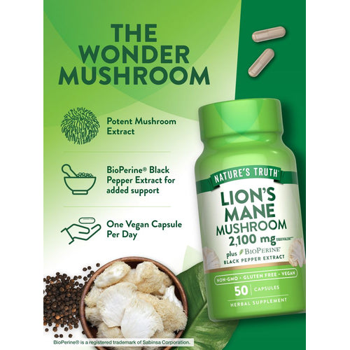 Loose black peppercorns, Lion's Mane mushrooms in a wooden bowl, and two light brown vegan capsules on display.