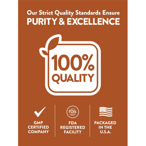 Infographic detailing purity and excellence: 100% quality, GMP certified company, FDA registered facility, packaged in the USA.