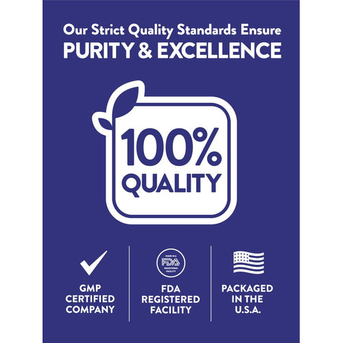 Infographic showcasing purity and excellence with 100% quality, GMP certification, FDA registration, packaged in the USA.