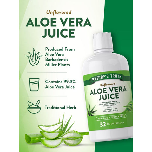 A 32 fl. oz. (946 mL) bottle of unflavored aloe vera juice beside sliced aloe vera plants.