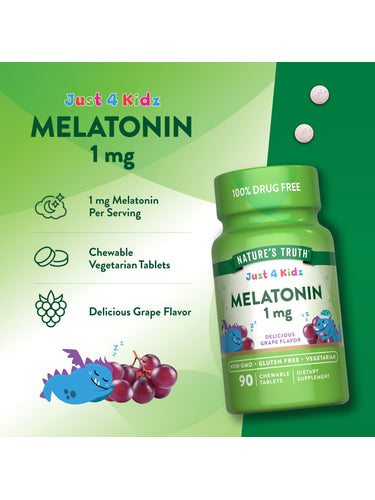 Two round, speckled 1 mg melatonin chewable tablets on a hand scale.