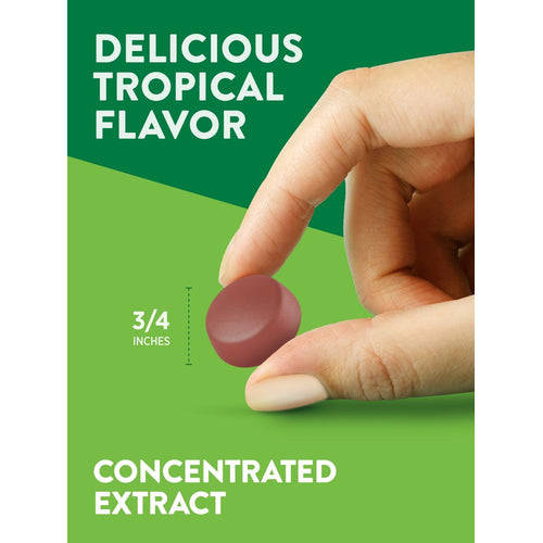 Fingers hold a gummy labeled '3/4 INCHES', 'DELICIOUS TROPICAL FLAVOR', and 'CONCENTRATED EXTRACT'.