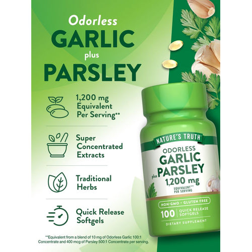 NT Odorless Garlic & Parsley 1,200 mg Equivalent Per Serving, 100 Quick Release Softgels. Two softgels are visible.