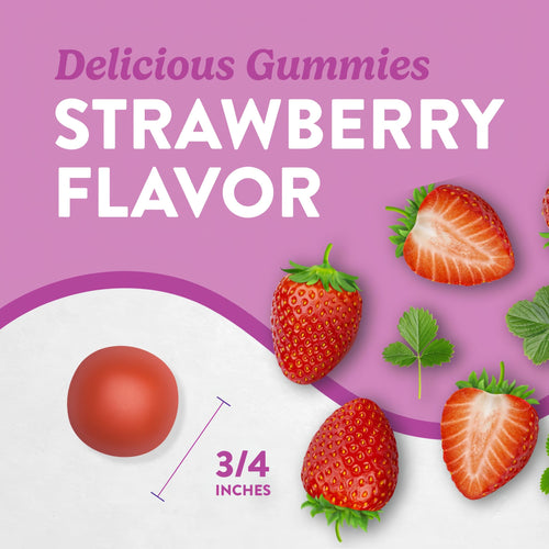Hand holding 3/4-inch delicious strawberry flavor gummy.