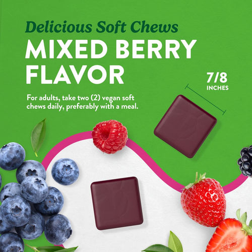 Vegan mixed berry soft chews displayed in bulk, each measuring approximately 7/8 inches.