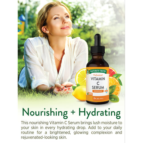 An adult woman lies on the grass, looking upwards, next to a Vitamin C Serum bottle.