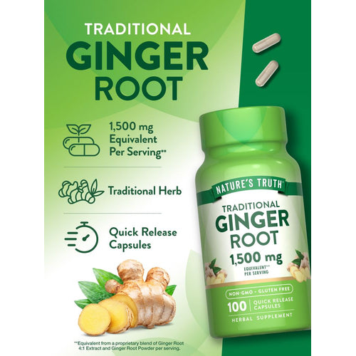 Hand holds two Ginger Root 1,500 mg quick release capsules, suitable for bulk scale needs.
